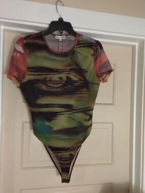 Fashion Nova Multicolor Graphic Mesh Bodysuit - Green & Black